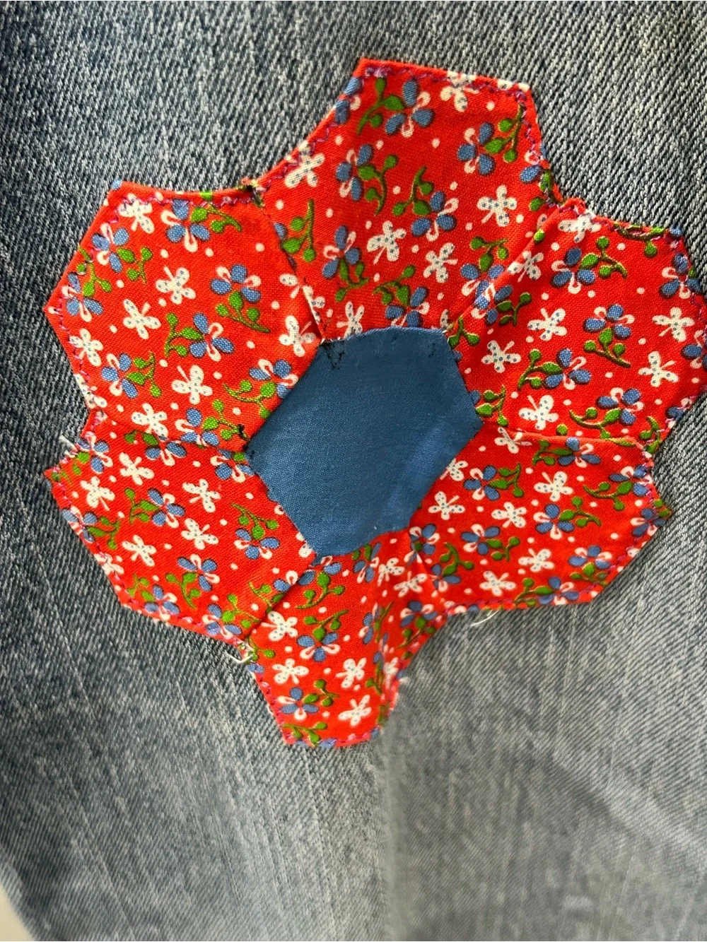 Eddie Bauer Blue Denim Flare Jeans with Red Floral Patch